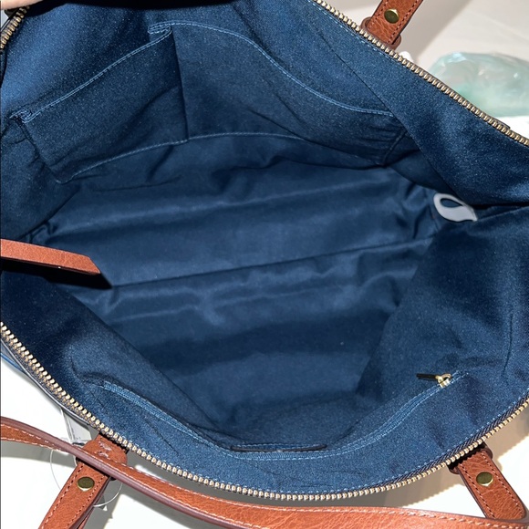 Fossil Navy Blue Leather Tote with Brown Straps - Picture 4 of 4